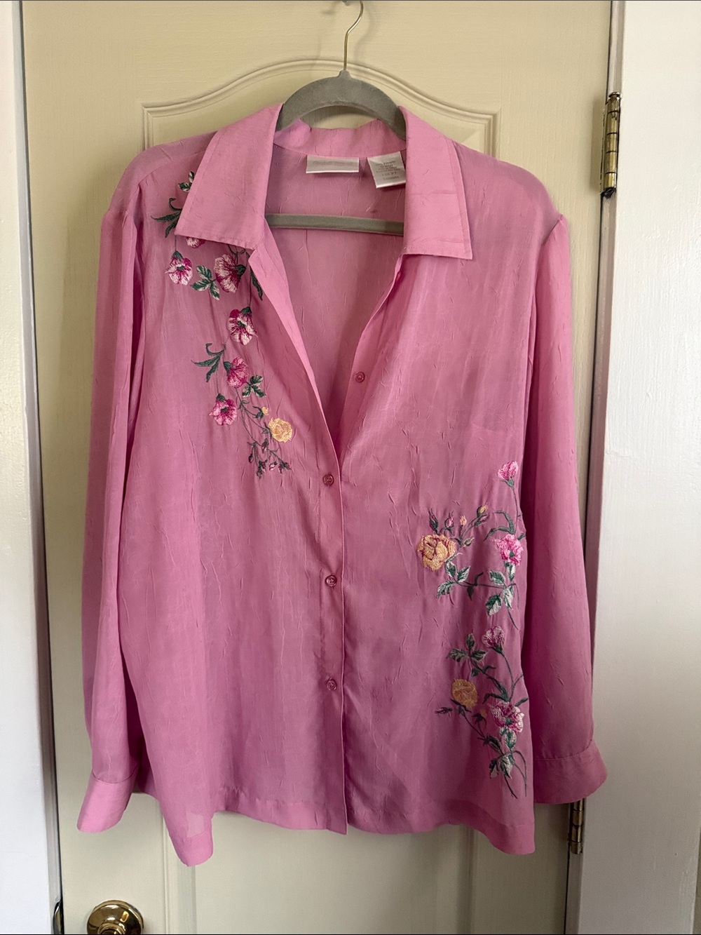 Pink Floral Embroidered Button-Up Blouse